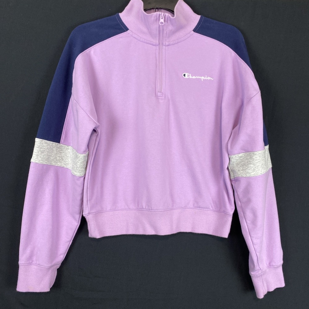 Champion Campus Cropped 1/4 Zip Sweatshirt Women's Size Small Pink/Gray/Navy